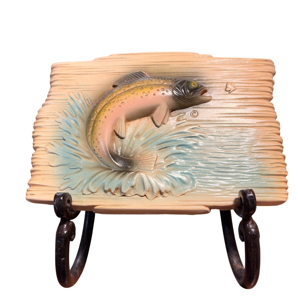 Vintage Orn-A-Craft Jumping Trout Fish 3D Relief Wall Plaque Rustic Cabin Decor